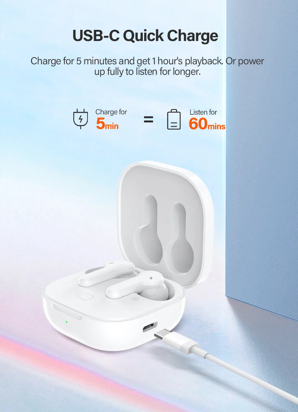 White wireless earbuds and charging case.