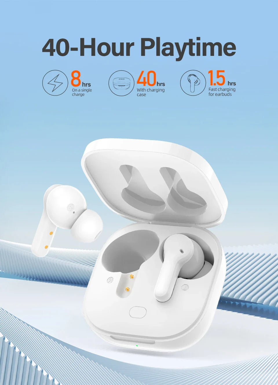 White wireless earbuds and charging case.