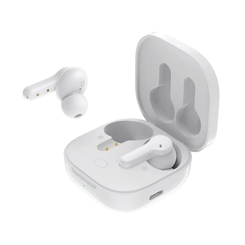 White wireless earbuds and charging case.