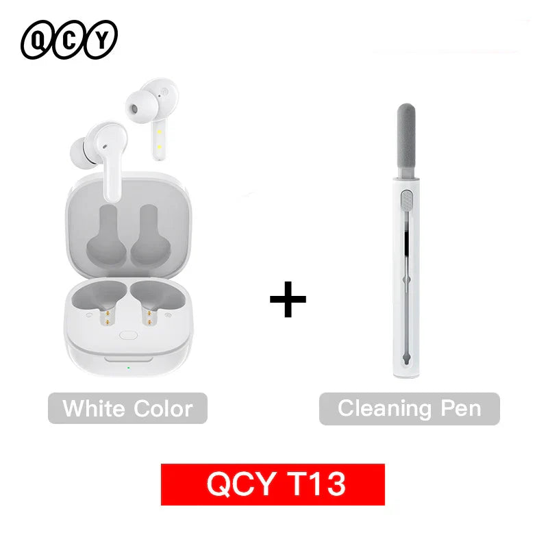White wireless earbuds with charging case and cleaning pen.