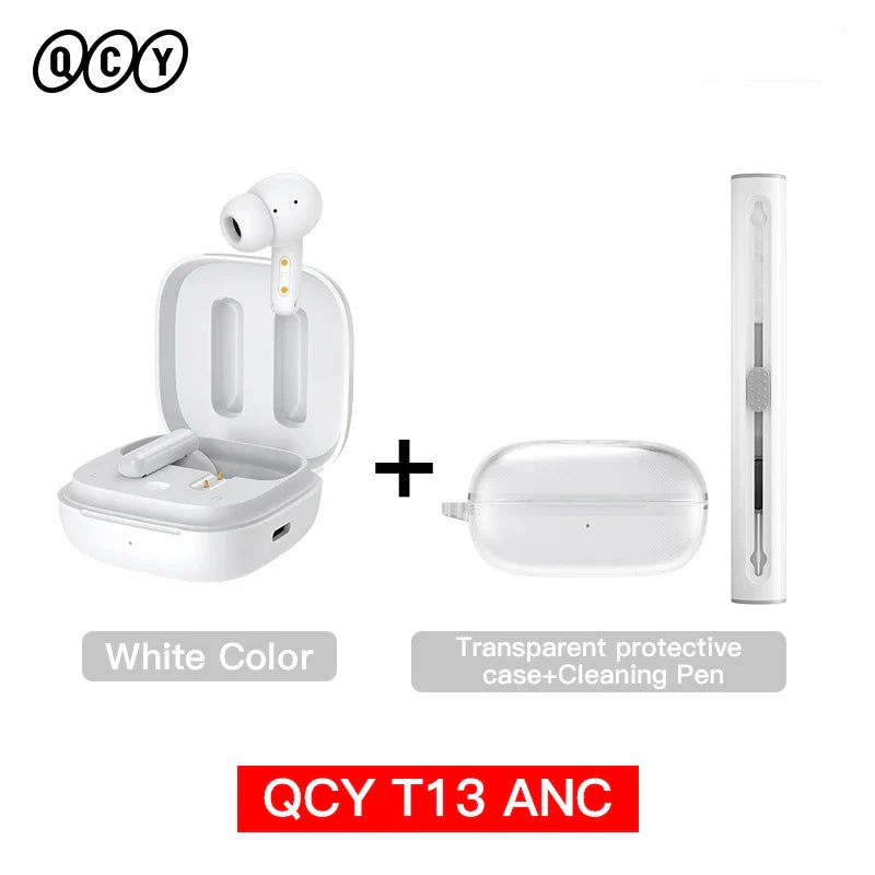 White wireless earbuds with charging case, protective case, and cleaning pen.