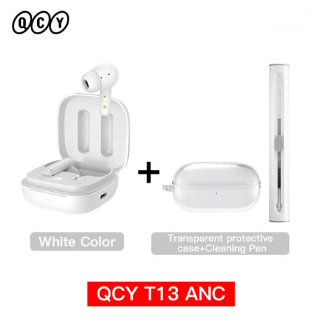 White wireless earbuds with charging case, protective case, and cleaning pen.