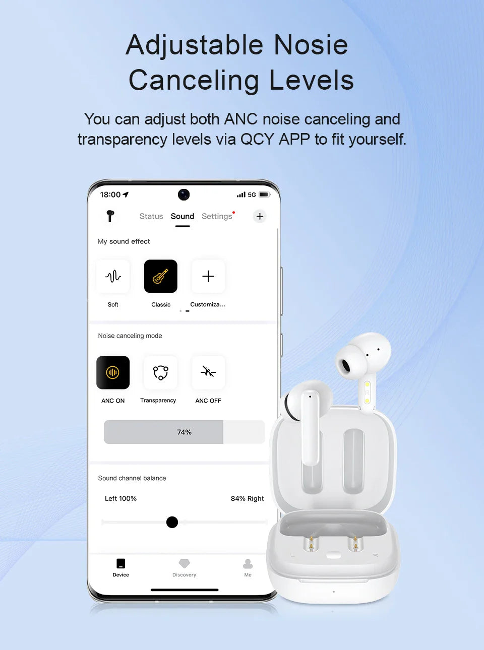 White wireless earbuds with charging case and smartphone app interface.