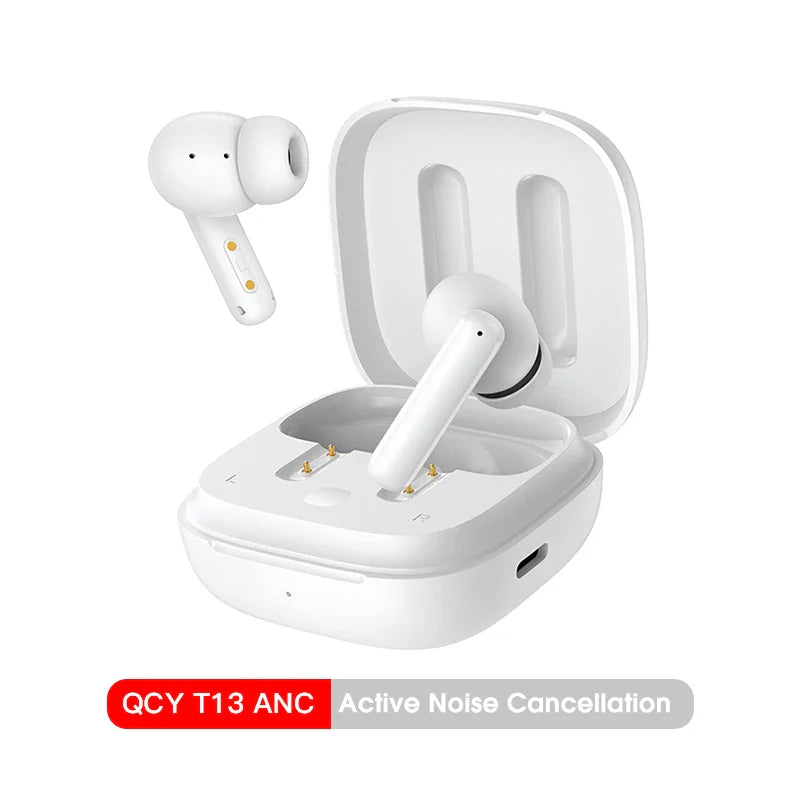 White wireless earbuds with charging case.