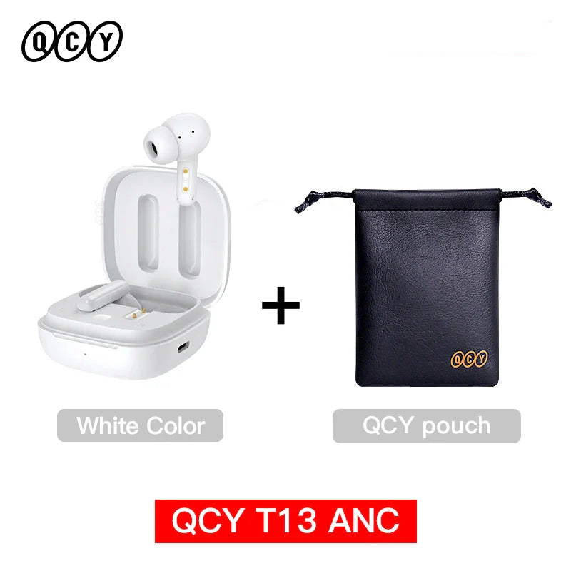 White wireless earbuds with charging case and black pouch.
