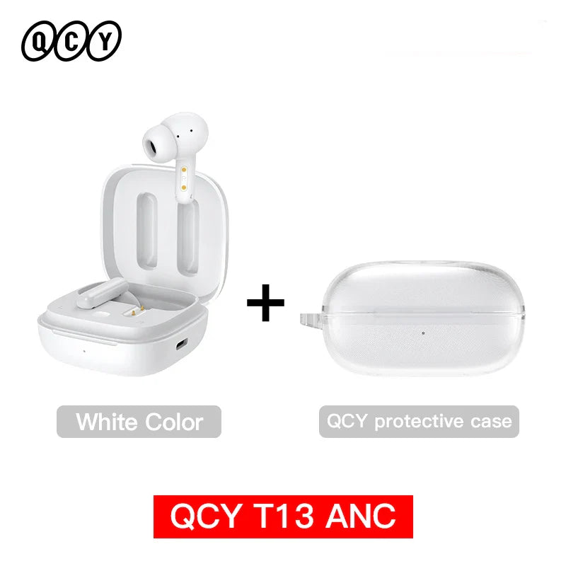White wireless earbuds with charging case and protective case.