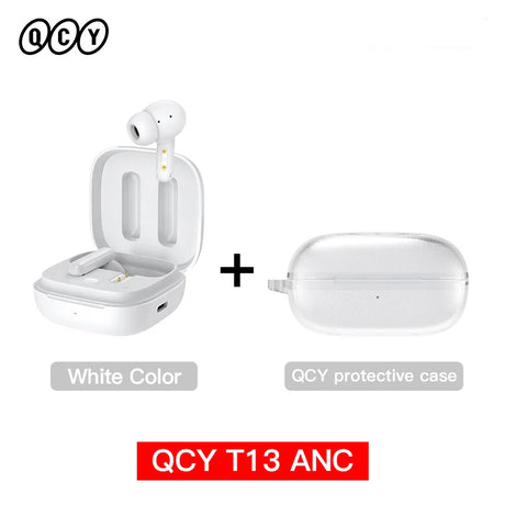 White wireless earbuds with charging case and protective case.