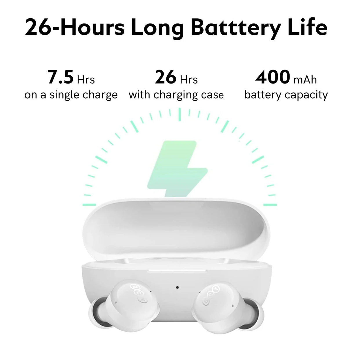 White wireless earbuds and charging case.