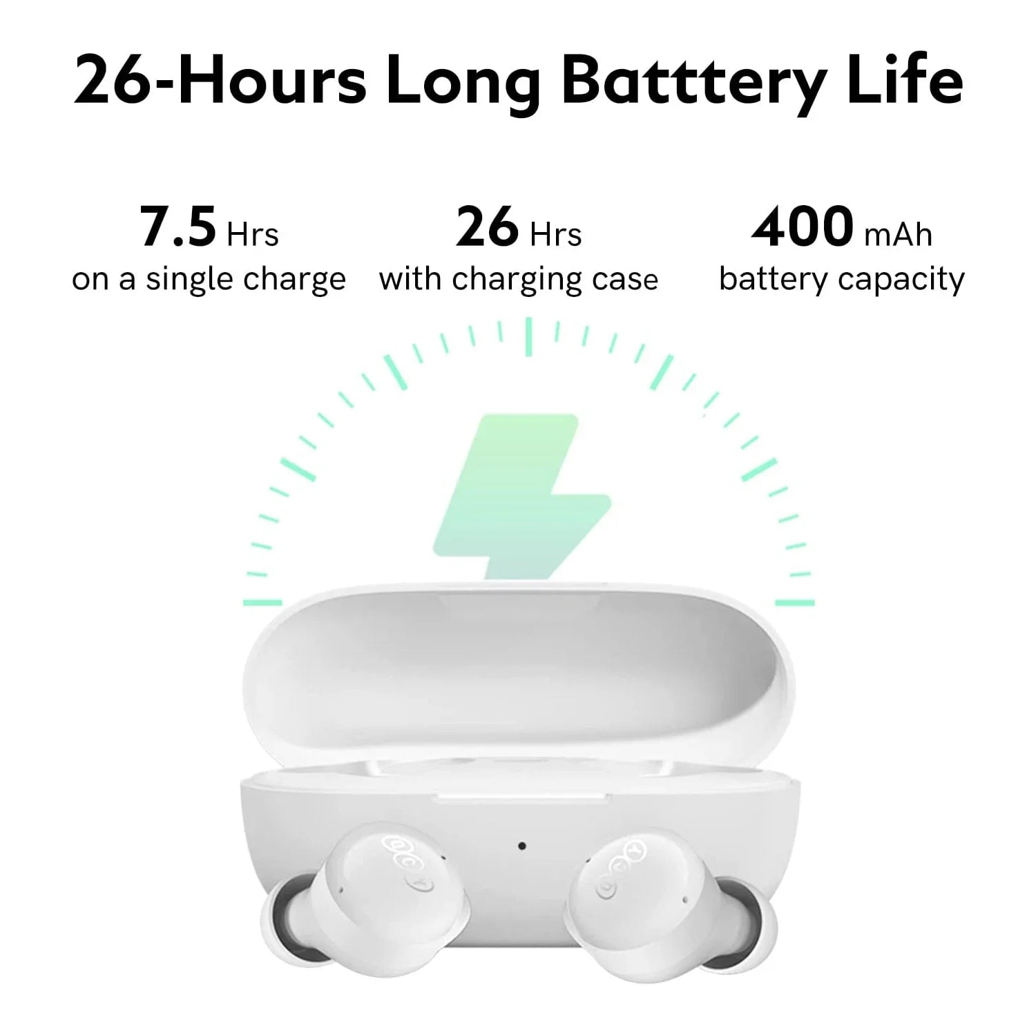 White wireless earbuds and charging case.