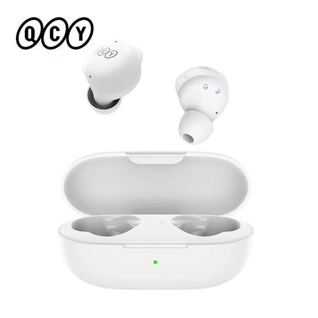 White wireless earbuds and charging case.