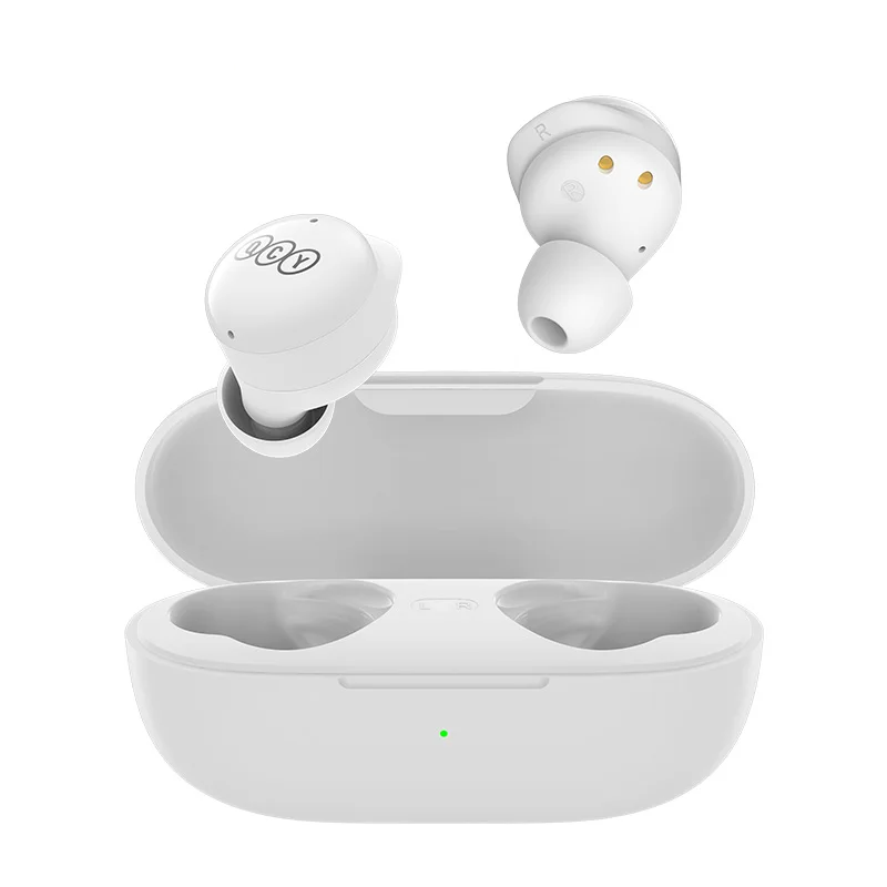 White wireless earbuds with charging case.