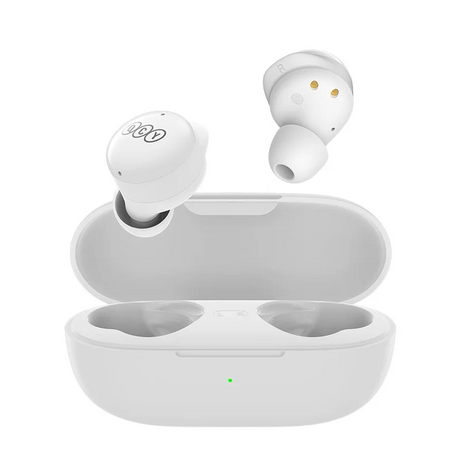White wireless earbuds with charging case.
