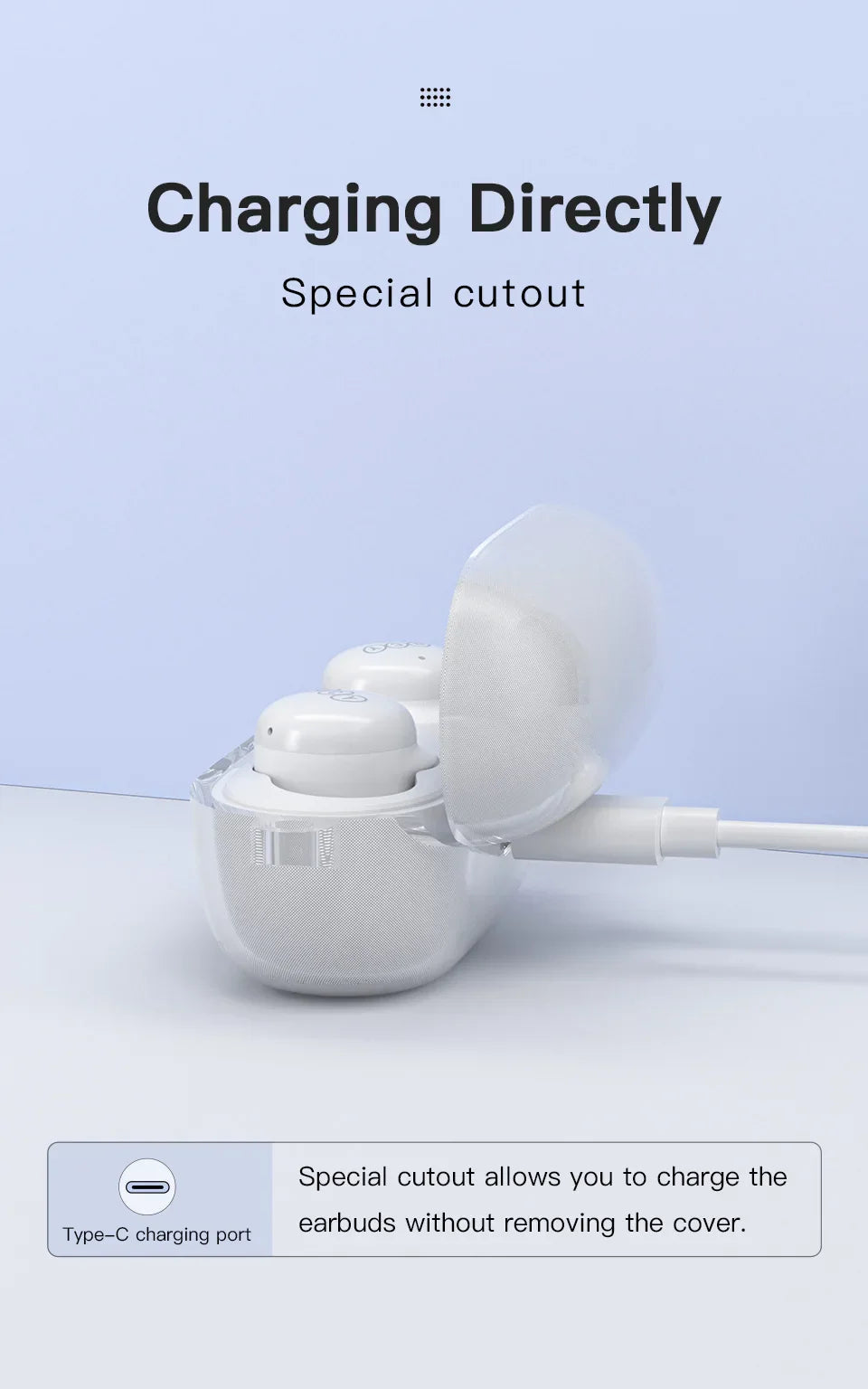 White wireless earbuds with charging case.