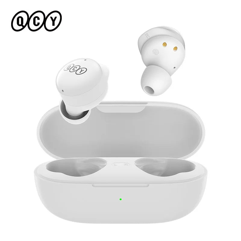 White wireless earbuds and charging case.