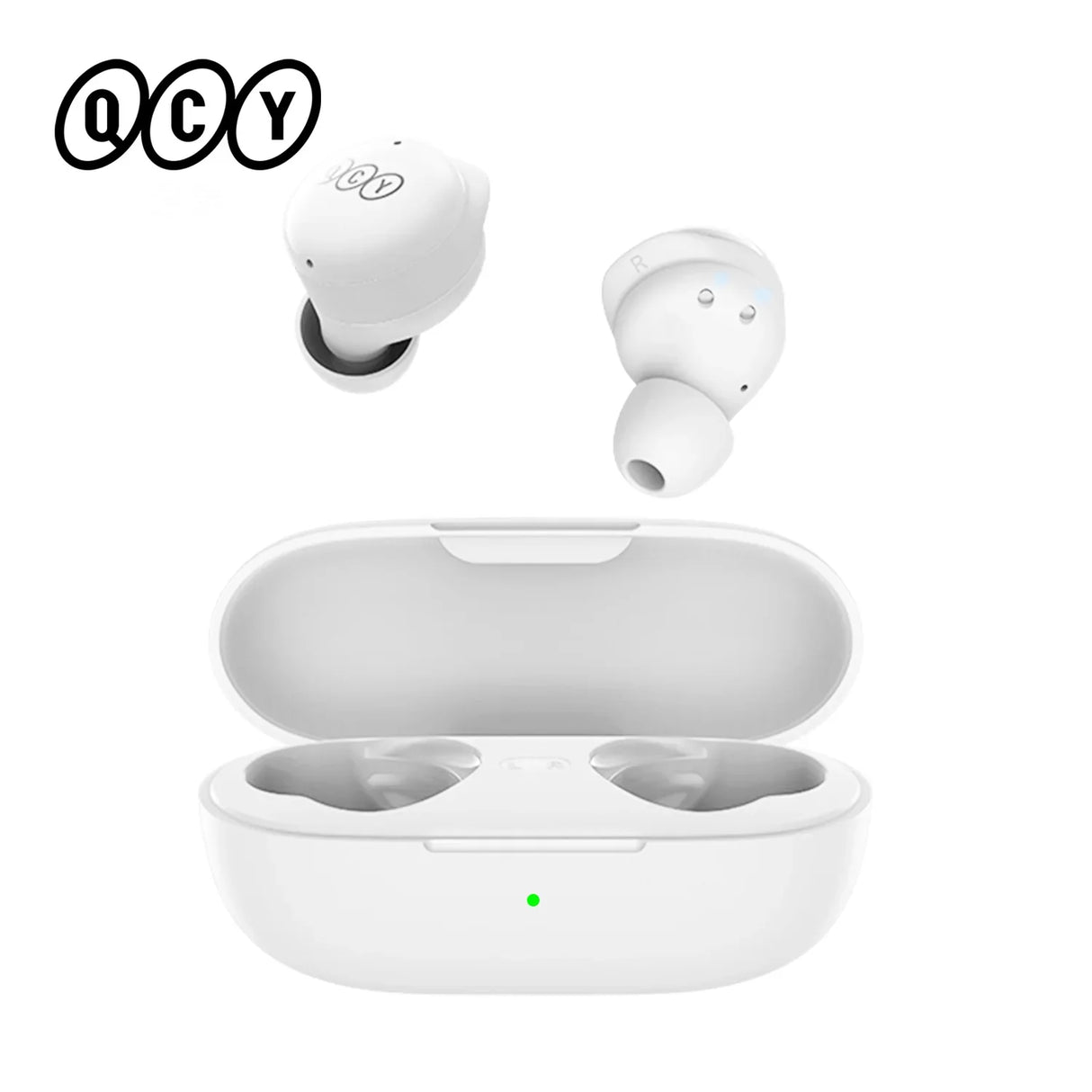 White wireless earbuds with charging case.