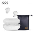 White wireless earbuds with charging case and carrying pouch.