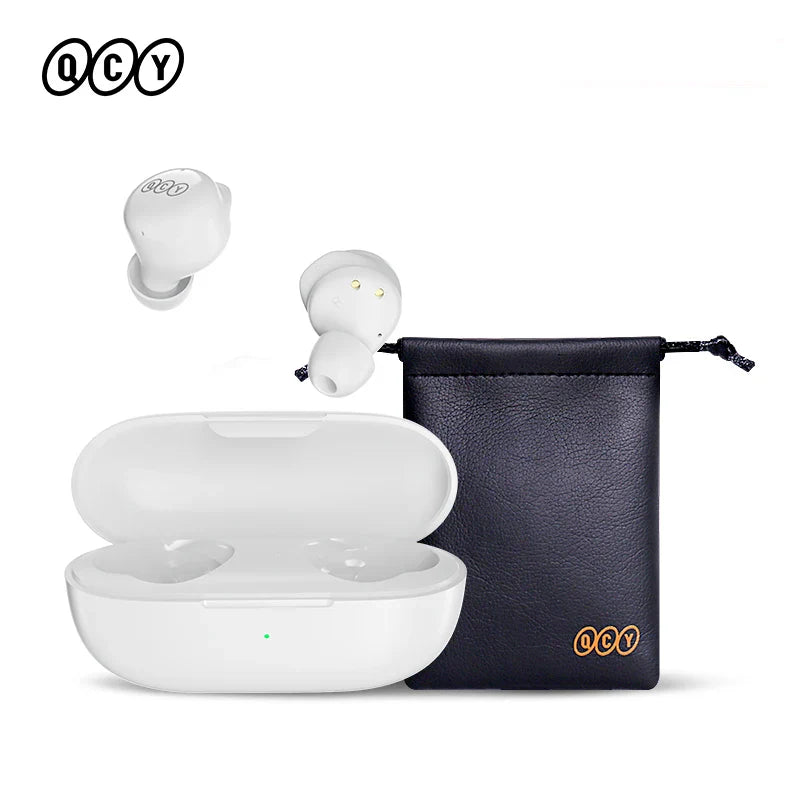 White wireless earbuds with charging case and carrying pouch.