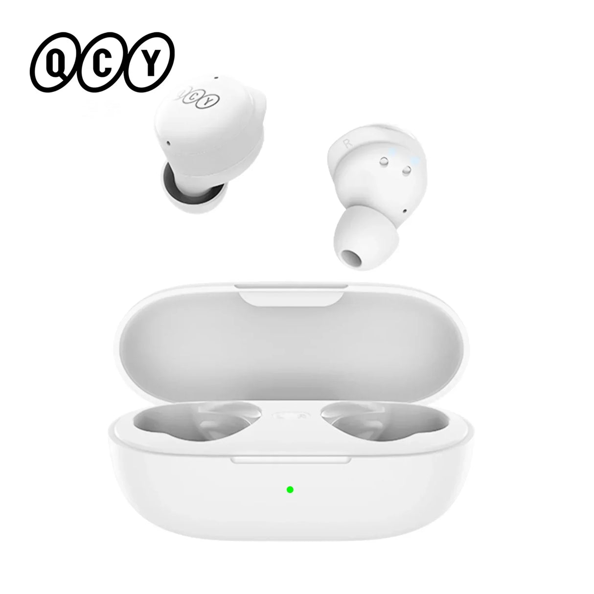 White wireless earbuds with charging case.