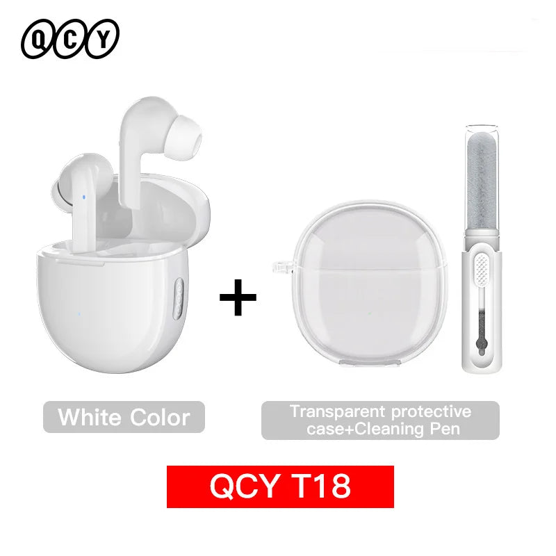 White wireless earbuds with charging case and cleaning pen.