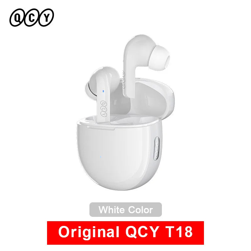 White wireless earbuds with charging case.