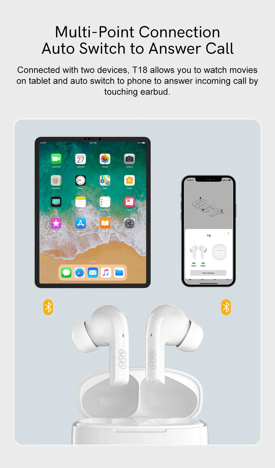 White wireless earbuds with charging case.