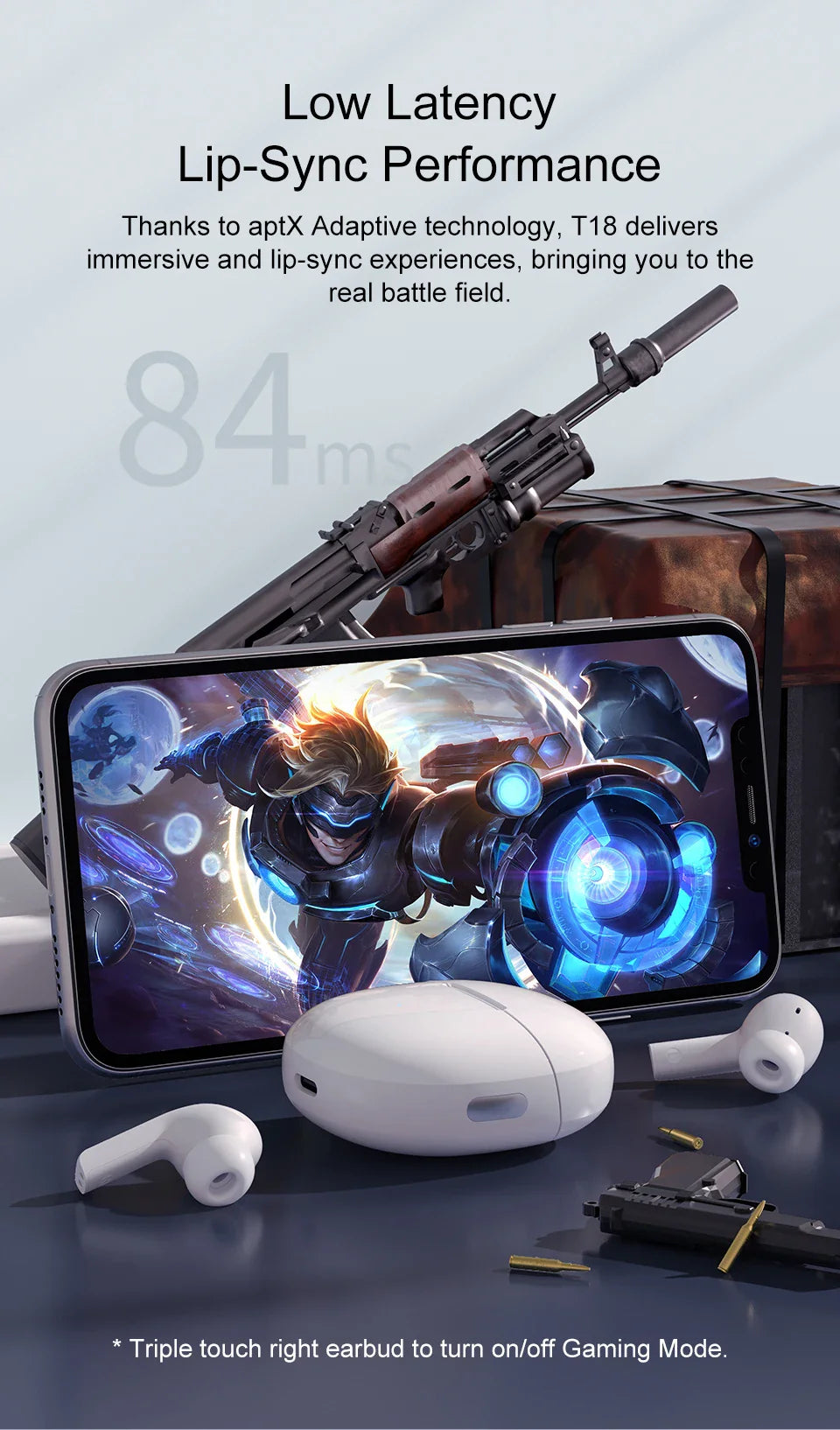 White wireless earbuds and charging case.