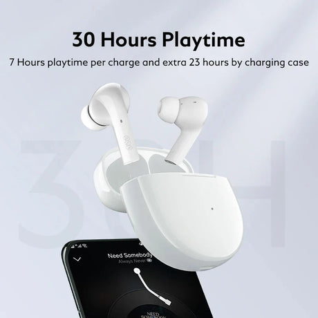 White wireless earbuds and charging case.
