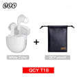 White wireless earbuds with charging case and black pouch.