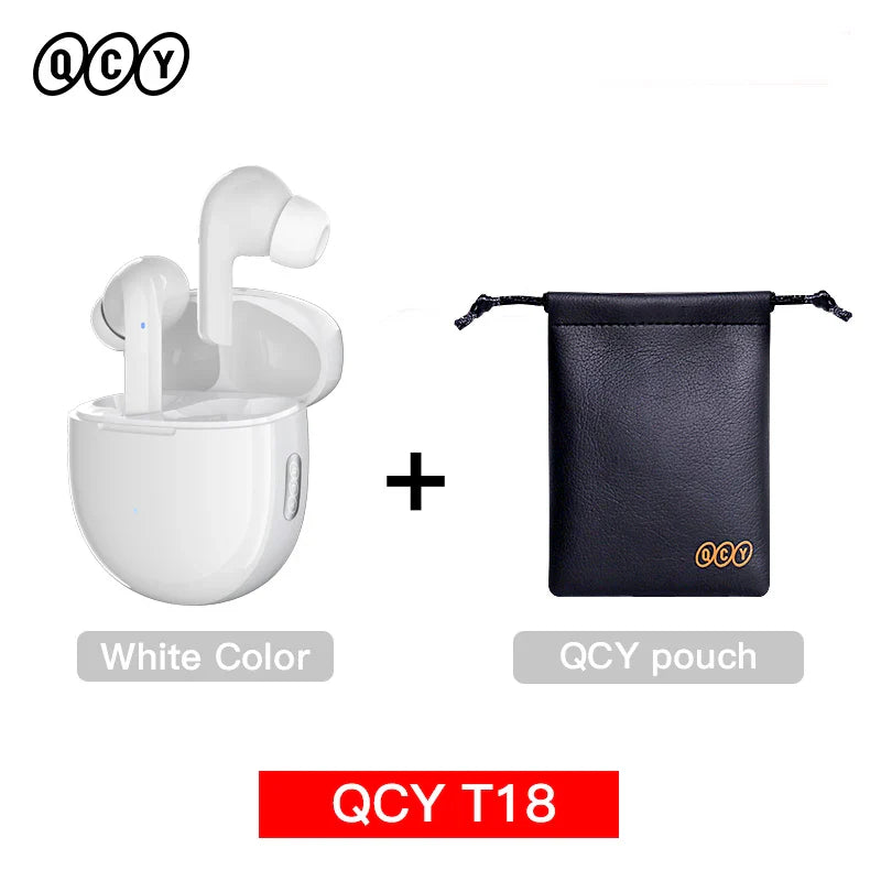 White wireless earbuds with charging case and black pouch.