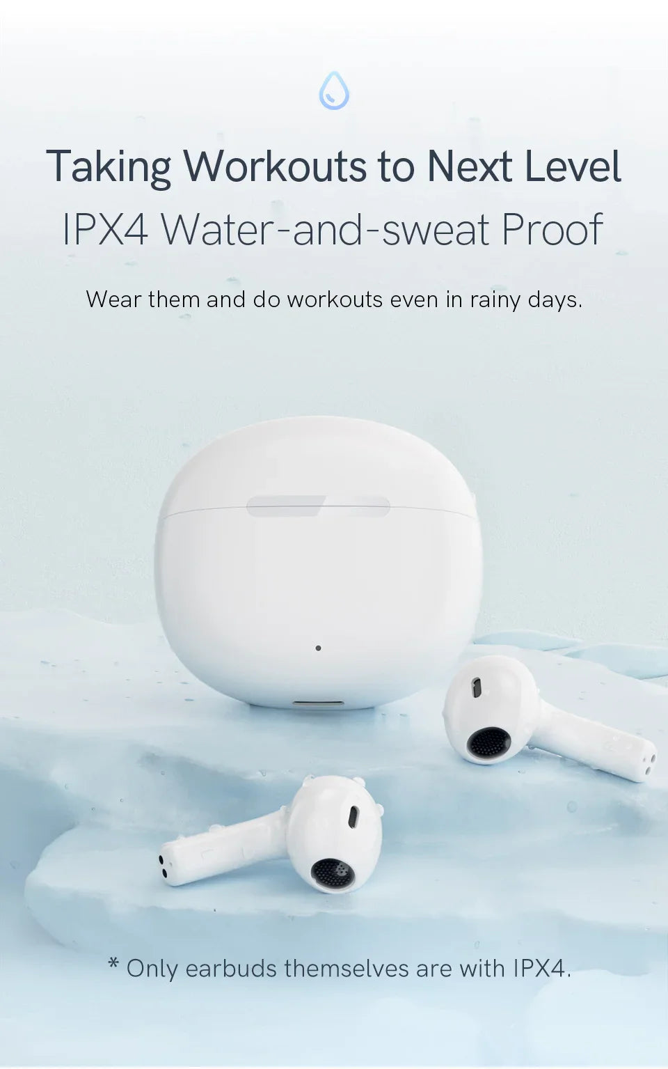 White wireless earbuds and charging case.
