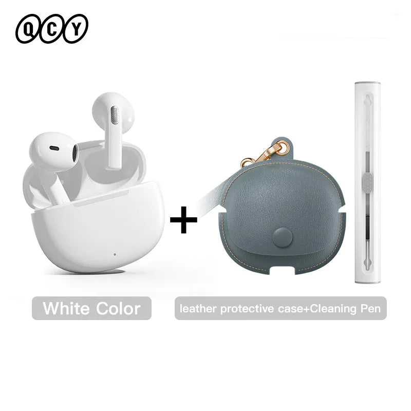 White wireless earbuds with charging case, leather case, and cleaning pen.