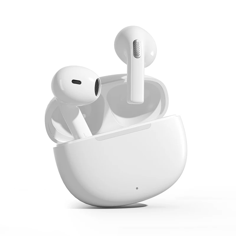 White wireless earbuds and charging case.