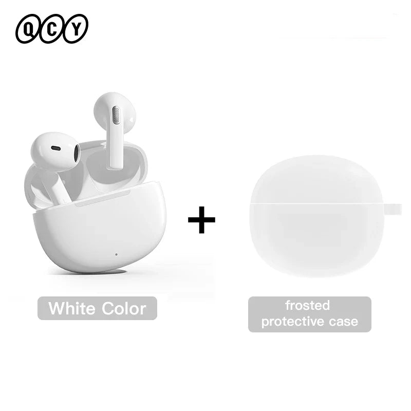 White wireless earbuds with charging case.