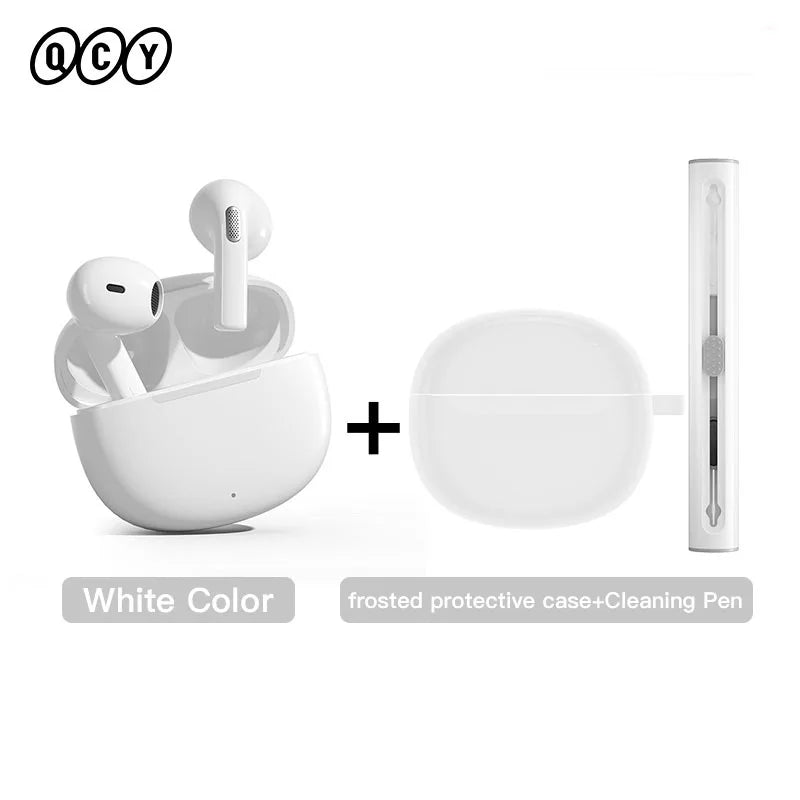 White wireless earbuds with charging case and cleaning pen.