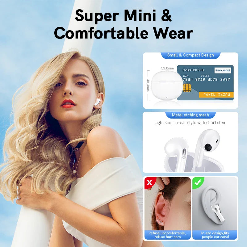 White wireless earbuds with charging case.