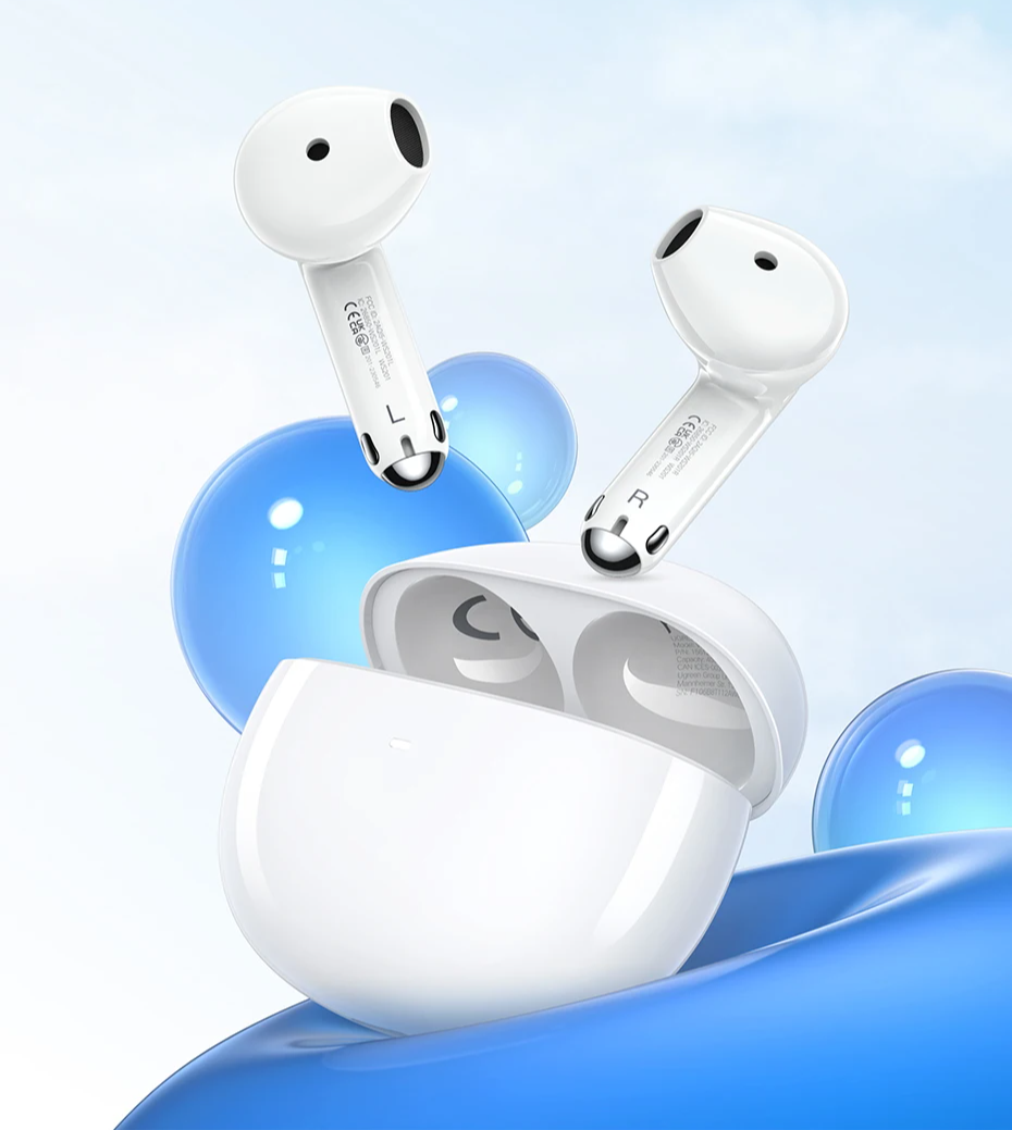 White wireless earbuds and charging case.