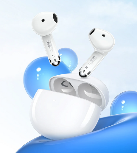 White wireless earbuds and charging case.