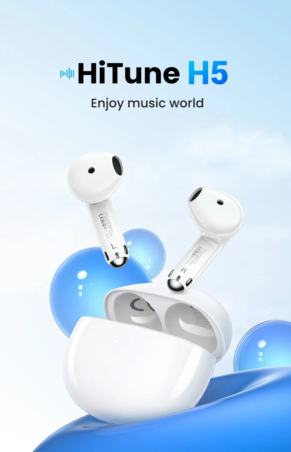 White wireless earbuds with charging case.