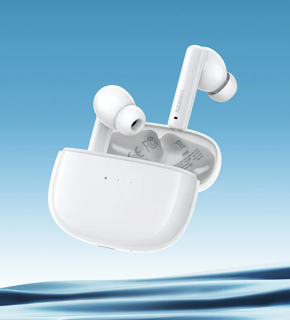White wireless earbuds and charging case.