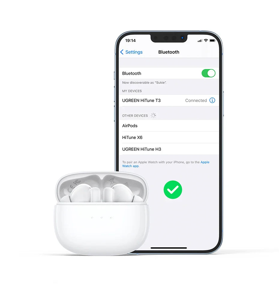 White wireless earbuds in a charging case next to a smartphone displaying Bluetooth settings.