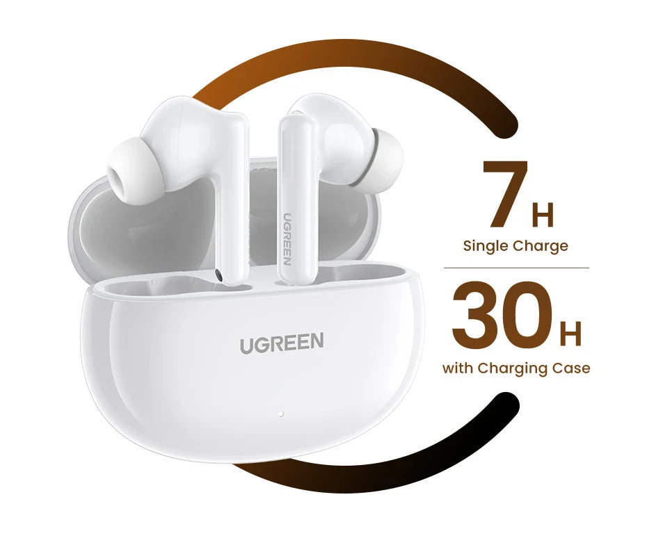 White wireless earbuds with charging case.
