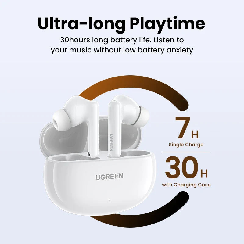 White wireless earbuds and charging case.