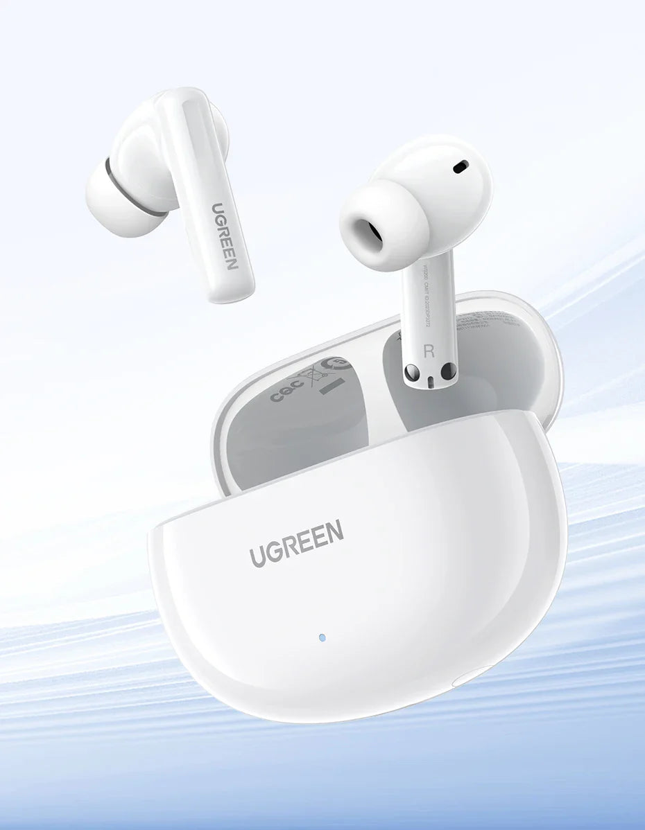 White wireless earbuds and charging case.
