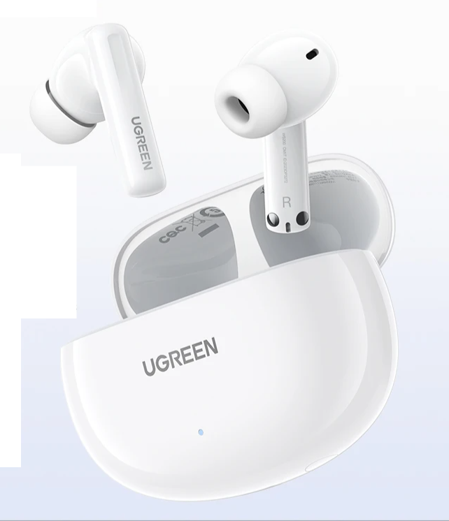 White wireless earbuds and charging case.