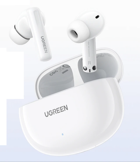 White wireless earbuds and charging case.