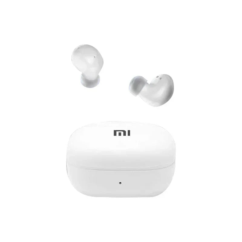 White wireless earbuds with a charging case bearing the ’mi’ logo.