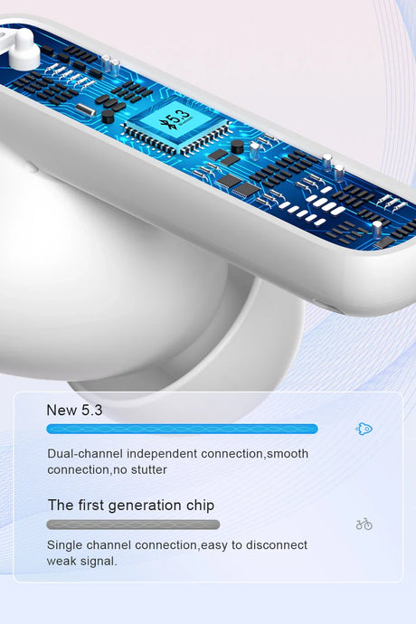 White wireless earbuds with chip diagram.