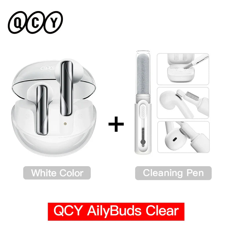 White wireless earbuds with cleaning pen.