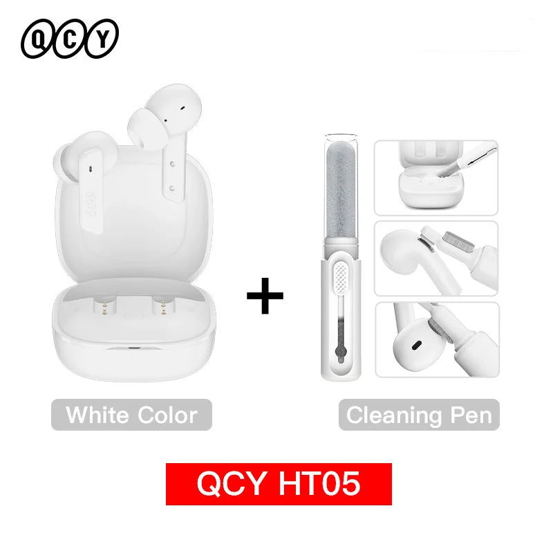 White wireless earbuds with cleaning pen.