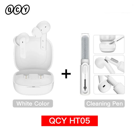 White wireless earbuds with cleaning pen.
